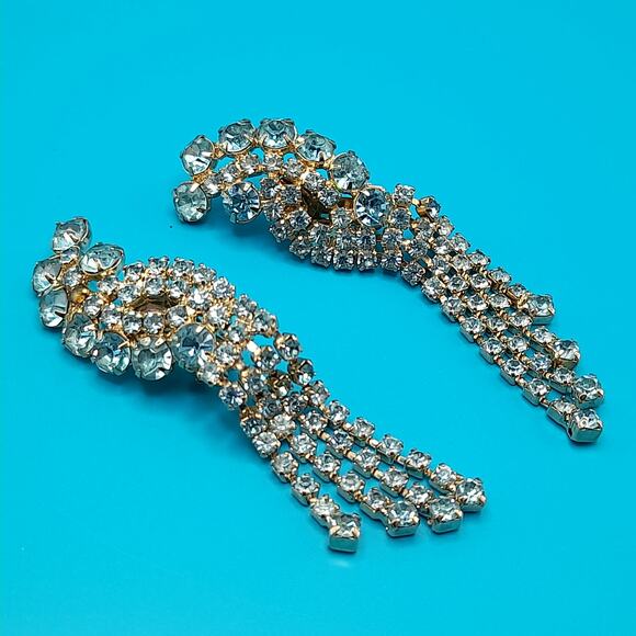 Vintage Blue Rhinestone Fringe Clip Earrings 3.25” Dangle 1960s main image 8